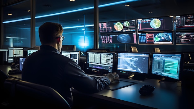 a man sits in front of a monitor with the words  global network  on the screen