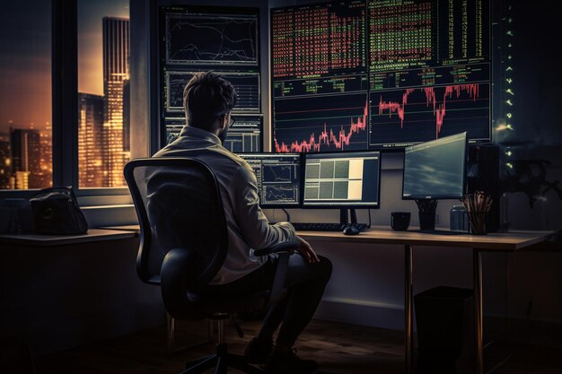 Man sits in front of monitors in the office with charts