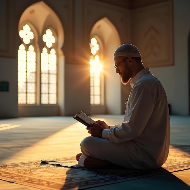 Photo a man sits in front of a mosque reading a book