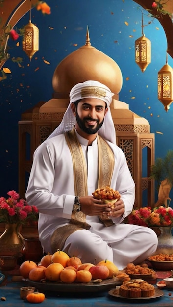 a man sits in front of a mosque with a bowl of fruit