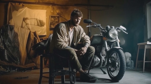 A man sits in front of a motorcycle and a painting is in the background.