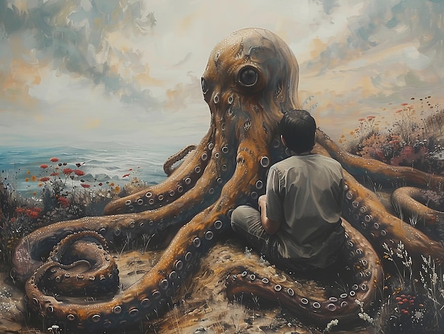 Photo a man sits in front of an octopus that is painted on a canvas