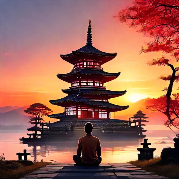 a man sits in front of a pagoda with a red sunset in the background