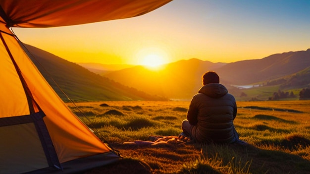 a man sits in front of a sunset with mountains in the background