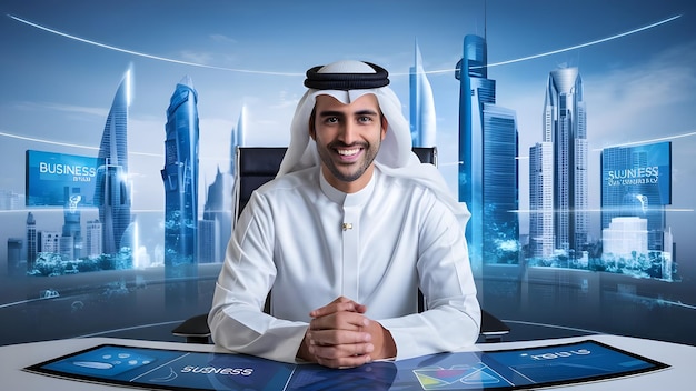 a man sits in front of a tablet with a city in the background