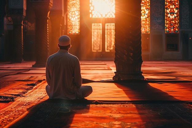 Photo a man sits in front of a temple with the sun shining through the window