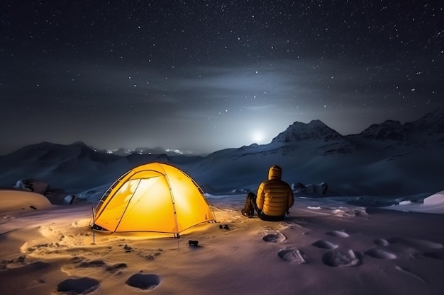 A man sits in front of a tent in the snow with the moon in the background.