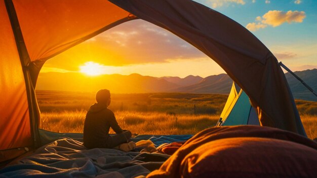 a man sits in front of a tent at sunset