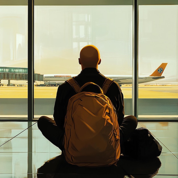 a man sits in front of a window looking out at an airplane