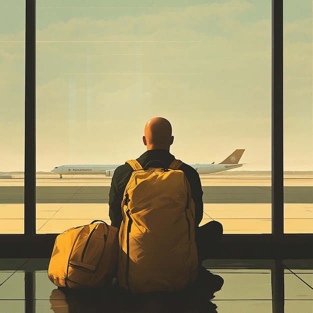 a man sits in front of a window looking out at an airplane