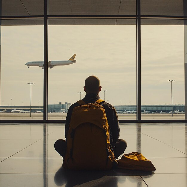 a man sits in front of a window looking out at an airplane