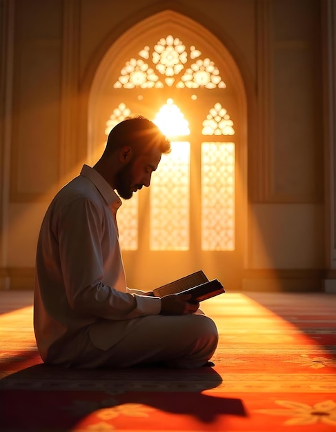 Photo a man sits in front of a window and reads a book