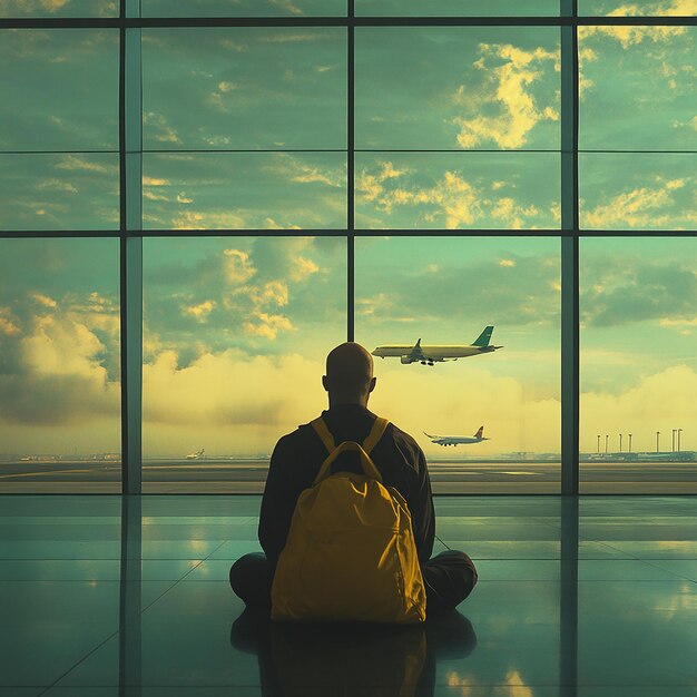 a man sits in front of a window with a backpack and a plane in the background