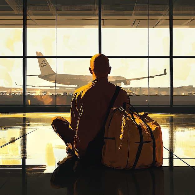 a man sits in front of a window with a plane in the background