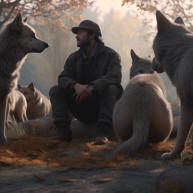 A man sits in front of wolves and a tree with the sun shining on him.