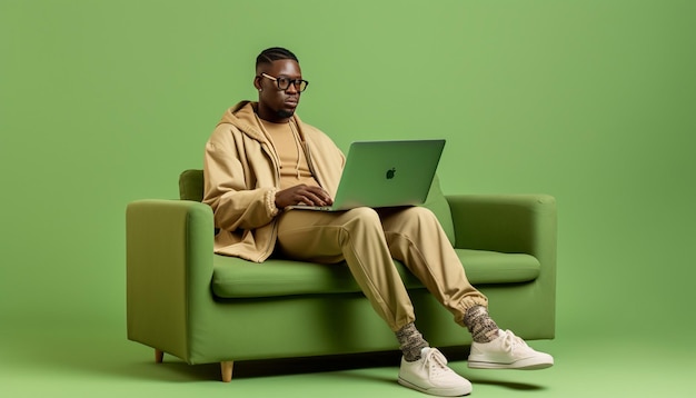 a man sits in a green chair with a laptop on his lap