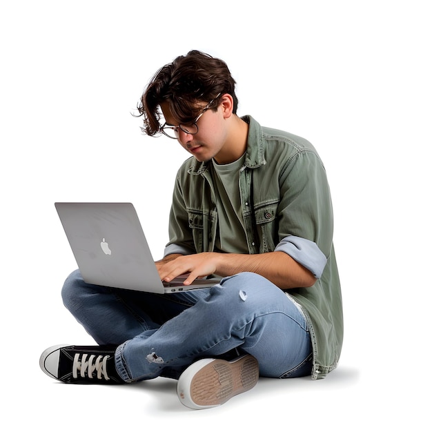 a man sits on the ground with a laptop