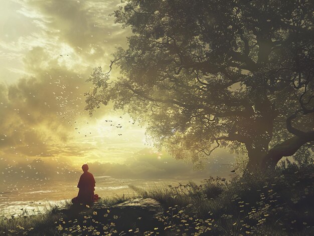 Photo a man sits on a hill under a tree and looks at the sunset