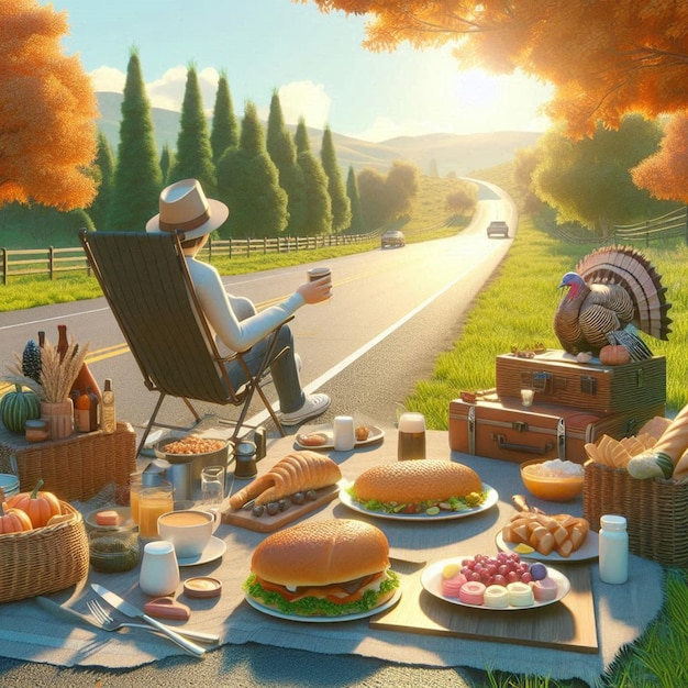 a man sits in a lawn chair next to a picnic table with food on it