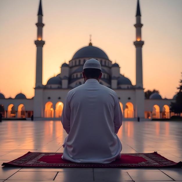 a man sits on a mat in front of a mosque