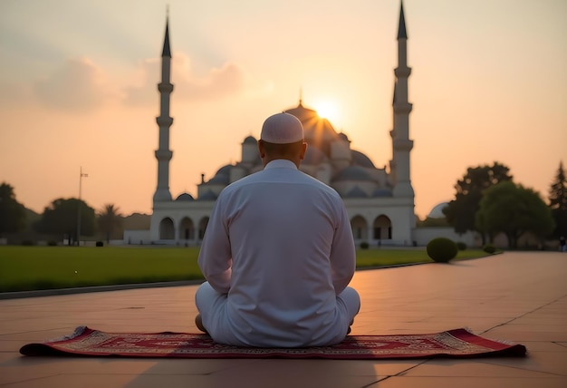 a man sits on a mat in front of a mosque