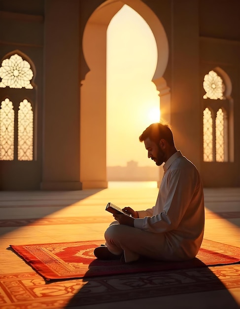 Photo a man sits on a mat in front of a mosque