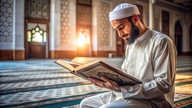 a man sits in a mosque reading a book