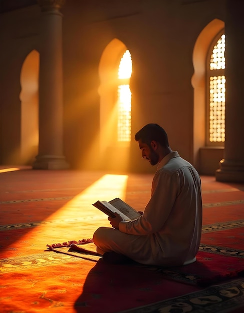 a man sits in a mosque reading a book