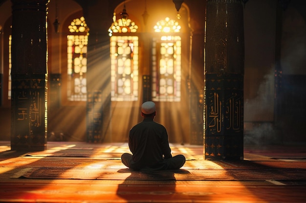 Photo a man sits in a mosque with the words  holy worship  on the top