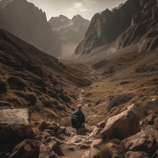 A man sits on a mountain trail in the mountains.