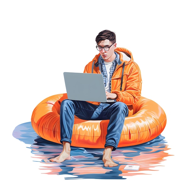 A man sits on an orange inflatable ring with a laptop in his hand.