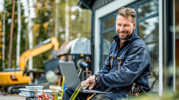 Photo a man sits outside with a laptop and a tree in the background