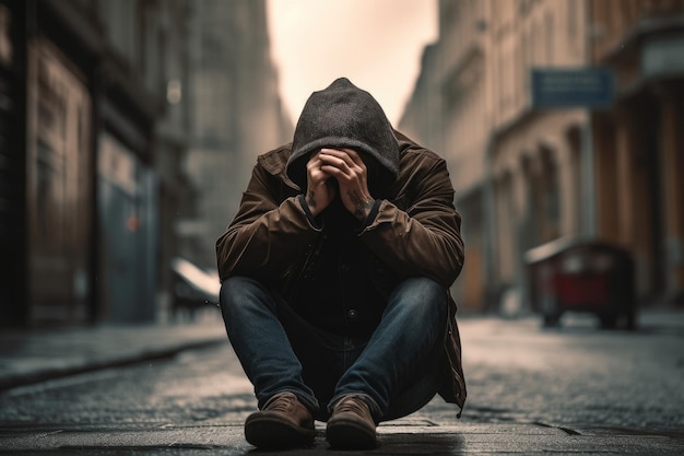 Man Sits On The Pavement With His Head Down And Covers His Face With His Hands Generative AI