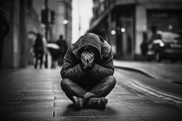 Man Sits On The Pavement With His Head Down And Covers His Face With His Hands Generative AI