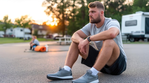 A man sits pensively on the pavement at a campground observing the sunset Behind him a child plays creating a serene atmosphere in the late afternoon