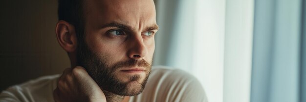 A man sits pensively with a serious look deep in thought while gazing out a window on a calm afternoon Generative AI