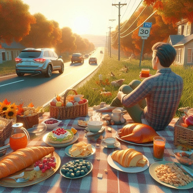 a man sits on a picnic table with a basket of bread and a plate of fruit