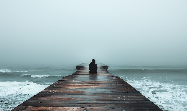 Photo a man sits on a pier in front of the ocean