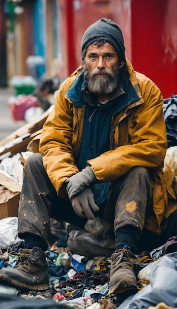 a man sits on a pile of garbage with a red background