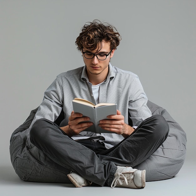 a man sits on a pillow with a book in his hand