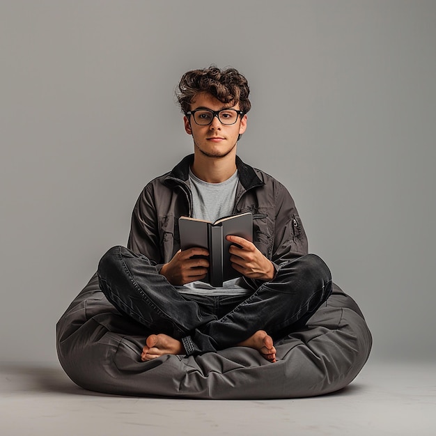 a man sits on a pillow with a book in his hand