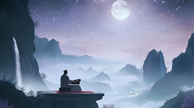 A man sits on a platform overlooking a mystical valley with waterfalls mountains and a bright moon