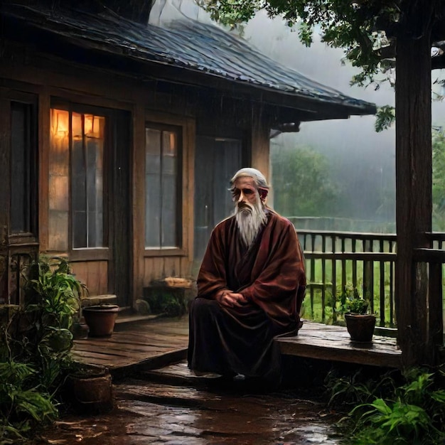 a man sits on a porch in front of a house