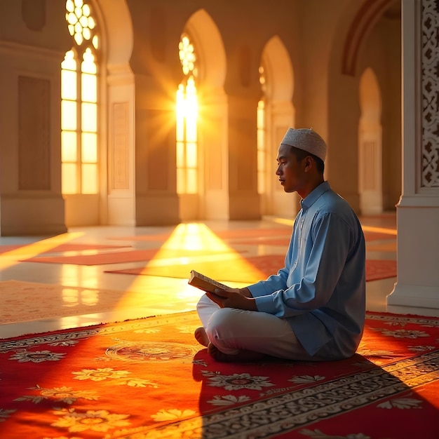 Photo a man sits on a red carpet in a mosque