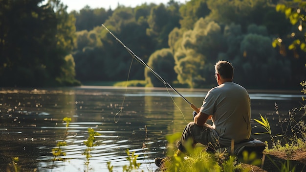 A man sits on the riverbank enjoying a peaceful day of fishing