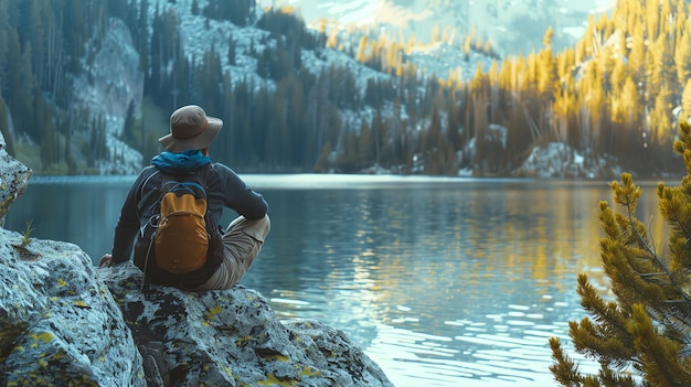 A man sits on a rock by a lake looking out at the view