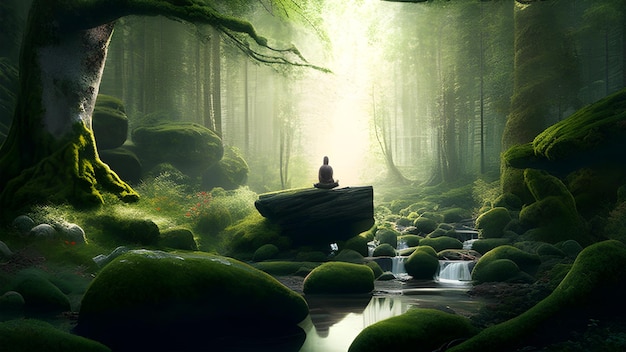 A man sits on a rock in a forest with moss and rocks.