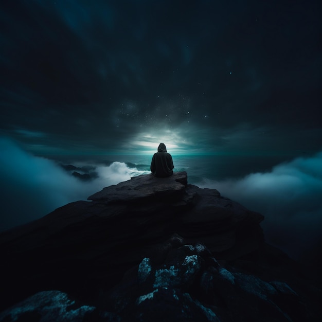 a man sits on a rock in front of a full moon.