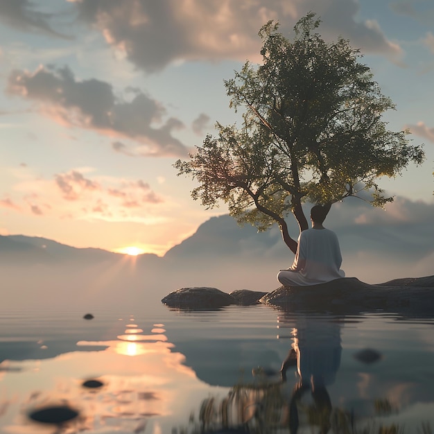 Photo a man sits on a rock in front of a mountain with a tree on it