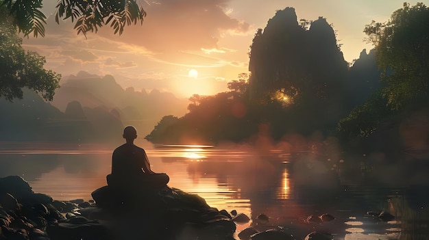 a man sits on a rock in front of a sunset